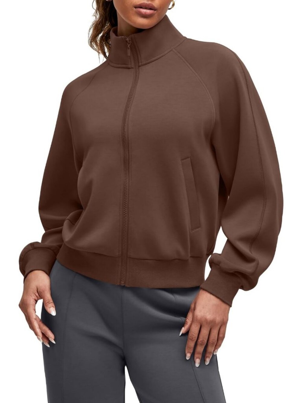 Soft Modal Women's Zip-Up Jacket - Loose Fit Mock Neck Top for Comfort & Style